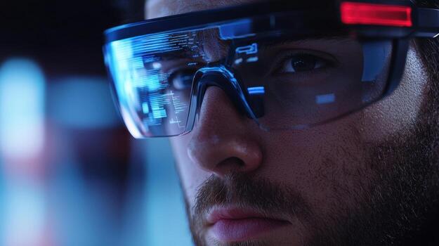 A man wearing blue glasses is looking at a computer screen photo