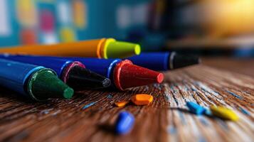 Colorful crayons on a wooden table photo