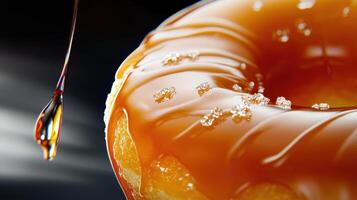 A donut with caramel icing drizzled on it photo