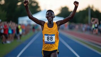 A male athlete is celebrating after crossing the finish line photo