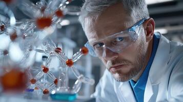 A man in a lab coat and glasses looking at a chemical flask photo