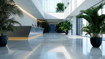 Modern office lobby with large windows and plants photo