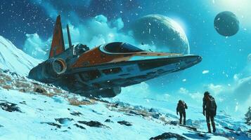 A spaceship in the snow with two people standing on top photo