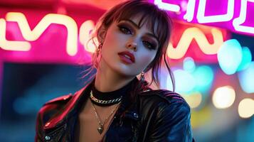 A woman in a leather jacket and necklace in front of neon lights photo