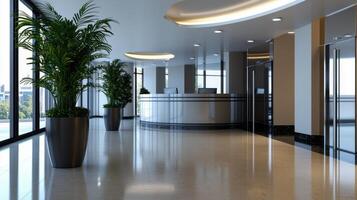 A modern office lobby with large windows and a reception desk photo