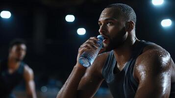 A man is drinking water while playing basketball photo