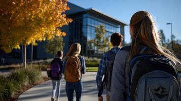 A group of students walking down a sidewalk photo