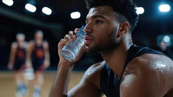 A man is drinking water while sitting on a basketball court photo