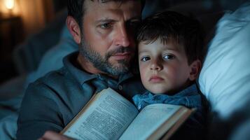 A man and a boy reading a book at night photo