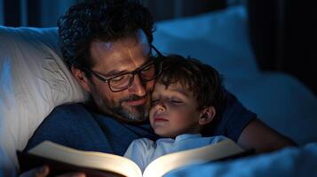 A man and a child reading a book at night photo