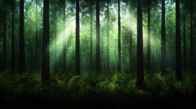 A forest with green trees and sunlight photo