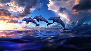 Three dolphins jumping out of the water at sunset photo