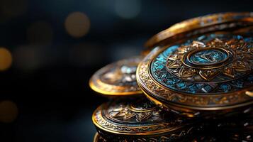 A close up of a gold and blue coin photo