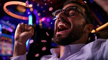 A man with glasses and a beard is laughing while playing a casino game photo