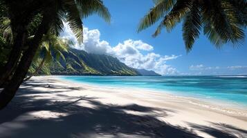 A tropical beach with palm trees and blue water photo