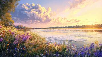 A beautiful landscape with a lake and a field of flowers photo