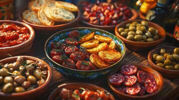 A table full of food including olives, tomatoes, and potatoes photo