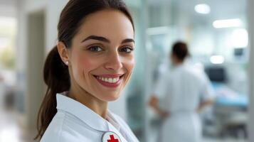 A woman wearing a white lab coat photo