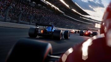 A race is going on with a bunch of cars on a track photo