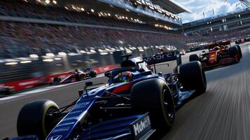 A racing game with a blue car in the lead photo