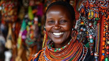 A woman wearing a colorful necklace and earrings is smiling photo