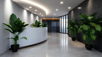 A large lobby with a white counter and a black and white wall photo