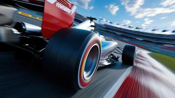 A red and silver race car is speeding down a track photo