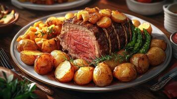A plate of meat and potatoes with a fork and knife on the table photo