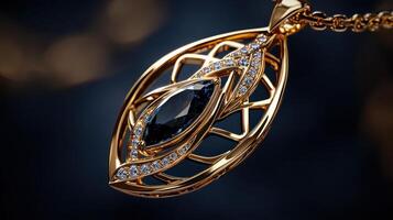 A gold and blue pendant with a diamond in the center photo