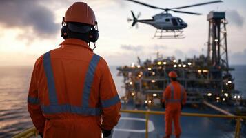 The scene is likely taking place on an offshore oil rig photo