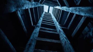 A dark blue image of a building with a ladder leading up to the top photo