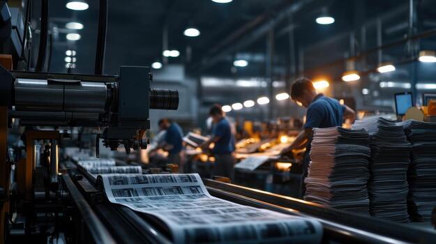 A group of workers are busy at a newspaper press photo