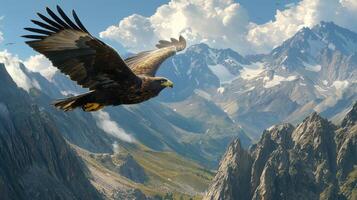 An eagle flying over a mountain range photo