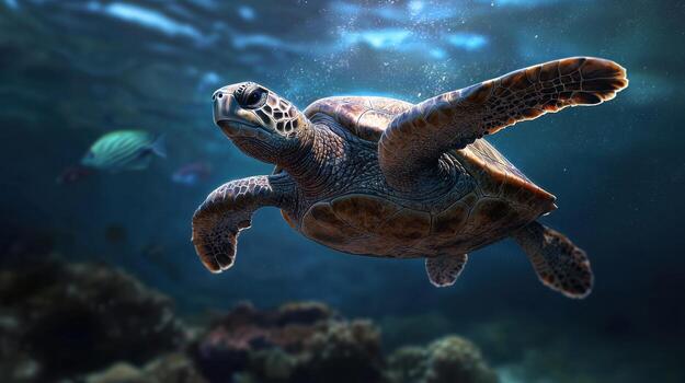 A turtle swimming in the ocean with a fish in the background photo