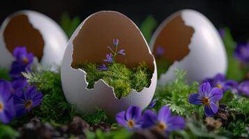 A white egg with a purple flower inside of it photo
