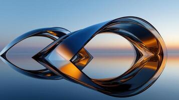 A large, curved, reflective sculpture is shown in a blue sky photo