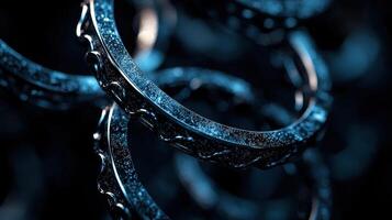 A close up of three blue rings with a metallic look photo