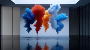 A series of colorful smoke clouds are floating in the air above a body of water photo