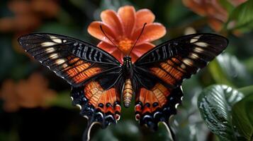 A black and orange butterfly is sitting on a flower photo