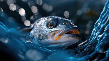 A fish is swimming in the water with its mouth open photo