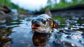 A fish is swimming in a river with its mouth open photo