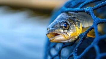 A fish is in a blue net photo