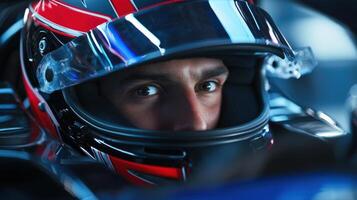 A man wearing a helmet is driving a car photo