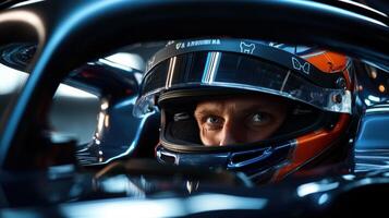A man in a racing helmet is looking out of the cockpit of a race car photo