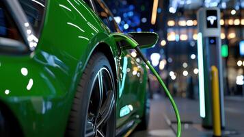 A green car is charging at a Tesla charging station photo