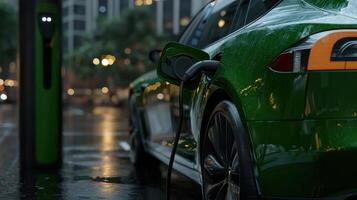 A green Tesla car is charging at a charging station photo