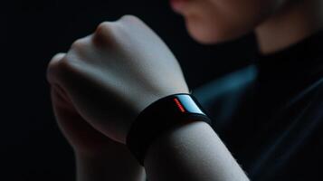 A person is wearing a smart watch with a red light on it photo