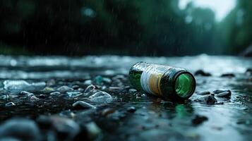 A green bottle is floating in a river photo