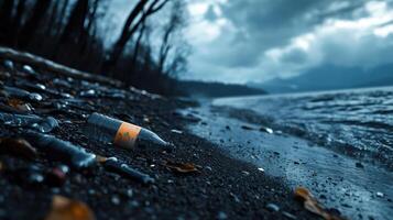 A bottle of water is laying on the beach next to some trash photo