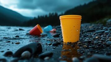 A yellow cup is sitting on a rocky shore next to a pile of plastic cups photo